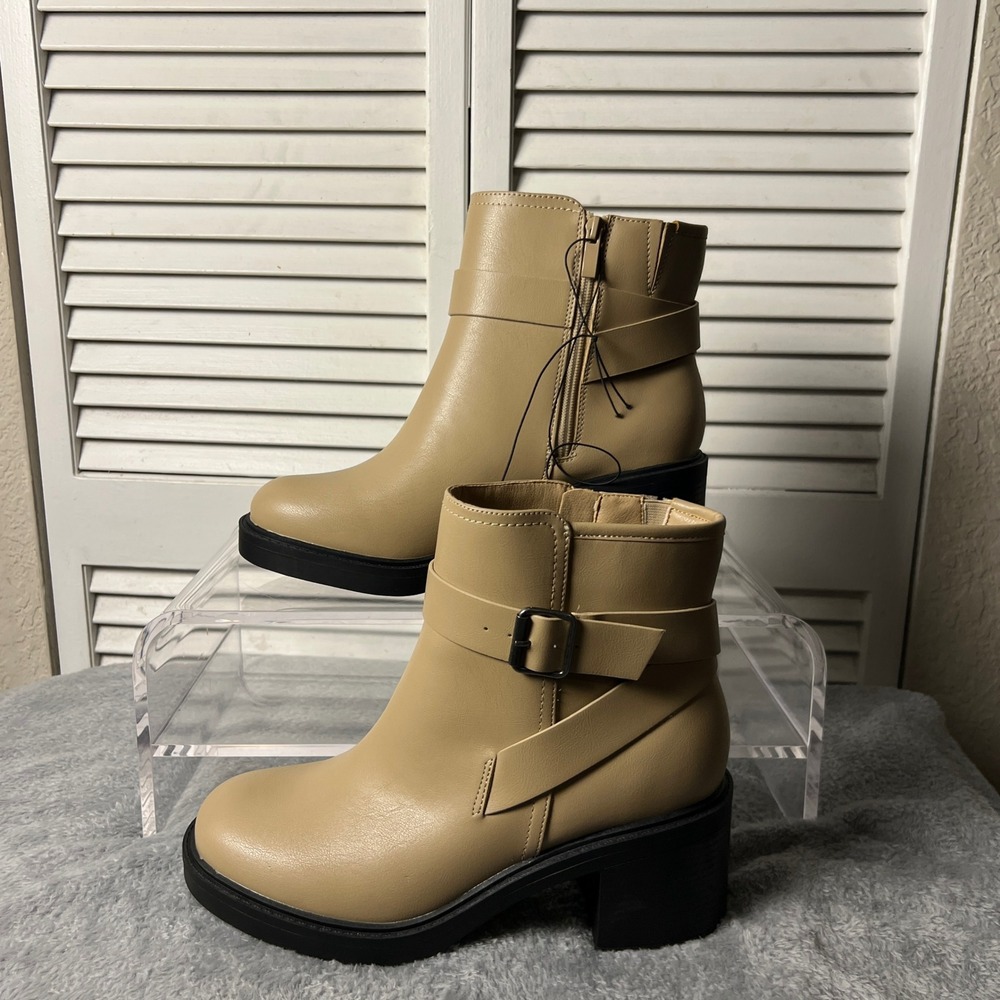 Torrid Beige Faux Leather Buckle Moto Ankle Booties Wide Width (WW) Size 9.5